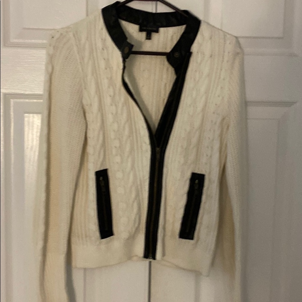 Sweater jacket with faux leather trim